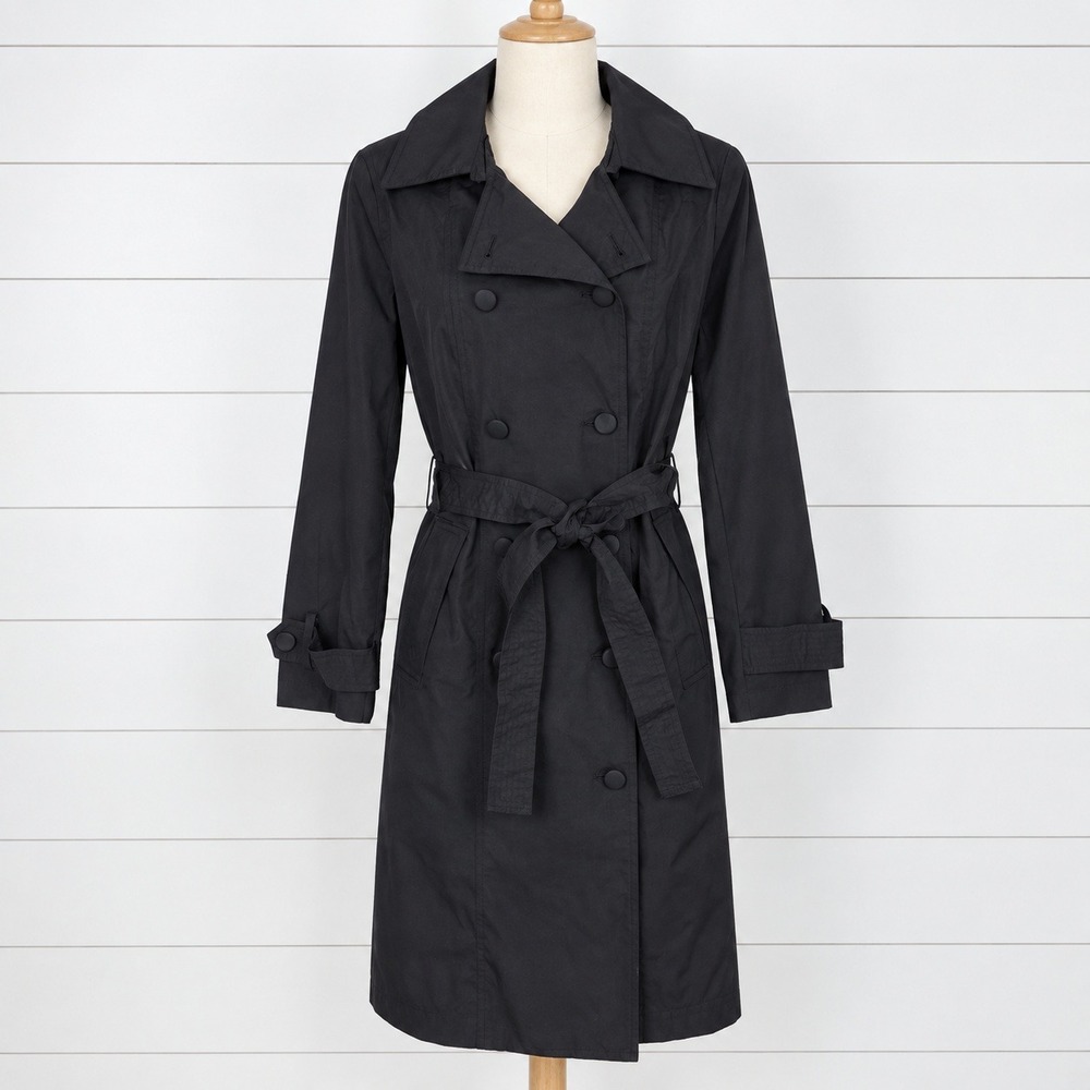 Rachel Zoe Trench Coat Black Long Double Breasted Rain Jacket Hood Medium